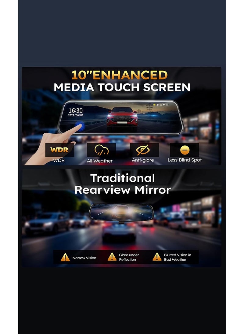 MR.SMART Mirror Dash Cam with 10 Inch Touch Screen, 1080p Full HD Front and Rear Camera, Night Vision, G-Sensor, Parking Monitor, WDR, Anti-Glare - Image 4